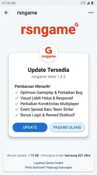Tampilan riwayat versi rsngame